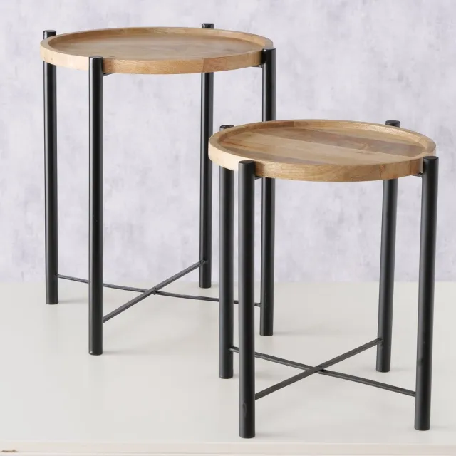 Boltze Bijzet tafel - Mango Hout - 2set - ijzer - 55x Ø49cm - 45xØ43cm - Zwart - Bruin