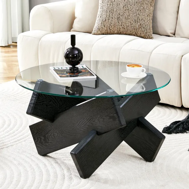 Welltin Ronde salontafel-Glas - MDF onderstel-zwart-Woonkamer Tafel - Decoratie Tafel - moderne glazen salontafel voor woonkamer-79 cm