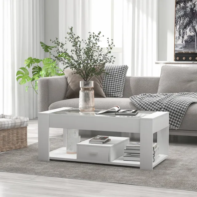 MEUNIQ Salontafel 100 x 50 x 40 cm met glazen blad, 2 lades en open opbergruimte voor moderne woonkamer, wit, rechthoekig