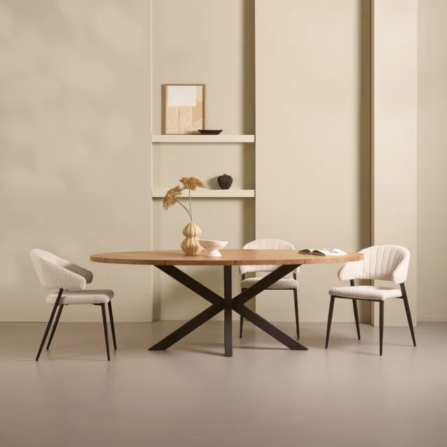 Woonexpress Eettafel Culemborg - Houtlook/Metaal - Mango/Zwart - 200x77x102 cm (BxHxD) - Ovale Tafel - Zwarte Spinpoot Hout - Mango/Hout - Naturel