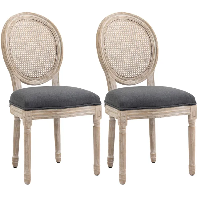 Homona Eetkamerstoelen - Set van 2 - Met rotanlook rugleuning en stoffen zitting - Houten poten - 49 x 56 x 96 cm - Grijs