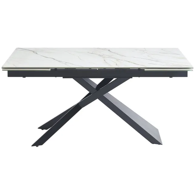 Vente-unique Uitschuifbare eettafel voor 6-10 personen in keramiek, gehard glas en metaal - Witte marmereffect en zwart - LUMIEL