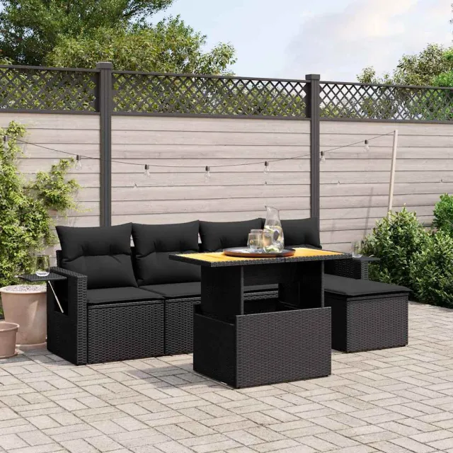 vidaXL 6-delige Loungeset met kussens poly rattan zwart, foto 2