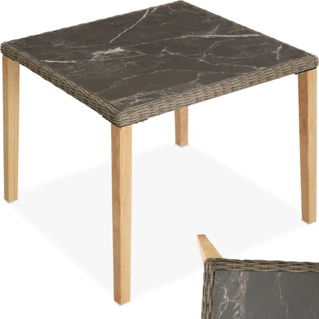 Tectake Wicker vierkante tafel - Tafelblad in marmerlook - Eettafel voor buitenkeuken - Tuintafel - Modern en weerbestendig - Tafelframe van aluminium en hout - Afmetingen (LxBxH) 93,5 x 93,5 x 75 cm - Lichtbruin