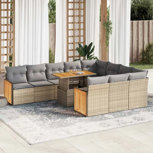 vidaXL 11-delige Tuinset met kussens poly rattan acacia beige, foto 2