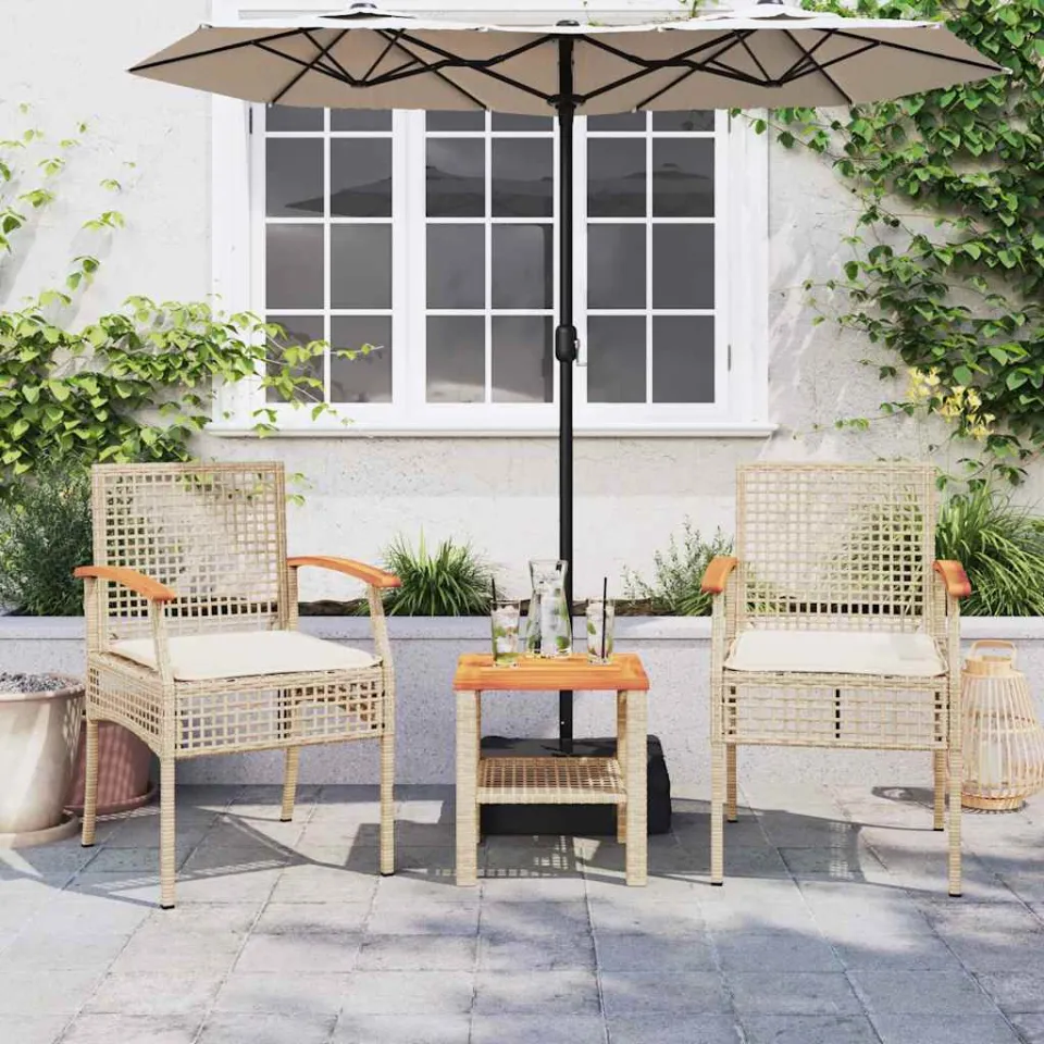 vidaXL 3-delige Bistroset met kussens poly rattan en acaciahout beige, foto 2