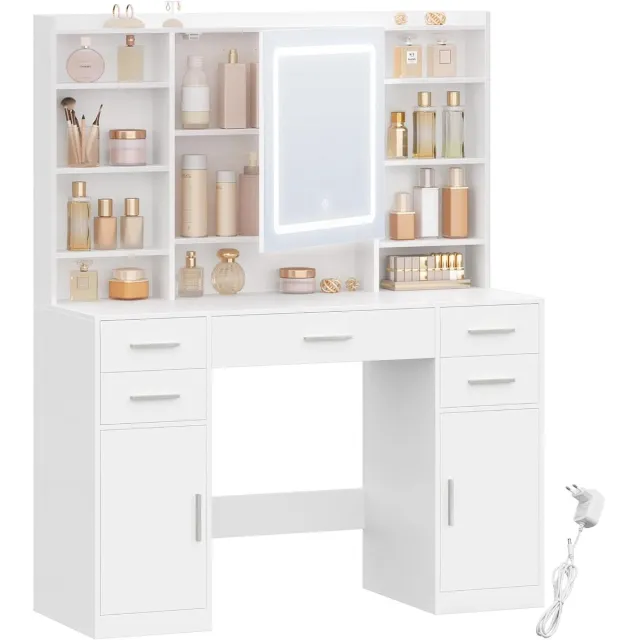 HILINSIE 108 cm Kaptafel met Spiegel, Kaptafel met 3-Kleurige Ledverlichting, Make-up Bureau met Verborgen Planken, 5 Laden, 2 Kasten en 9 Open Planken, Voor Slaapkamer, 40 × 108 × 144 cm,Wit