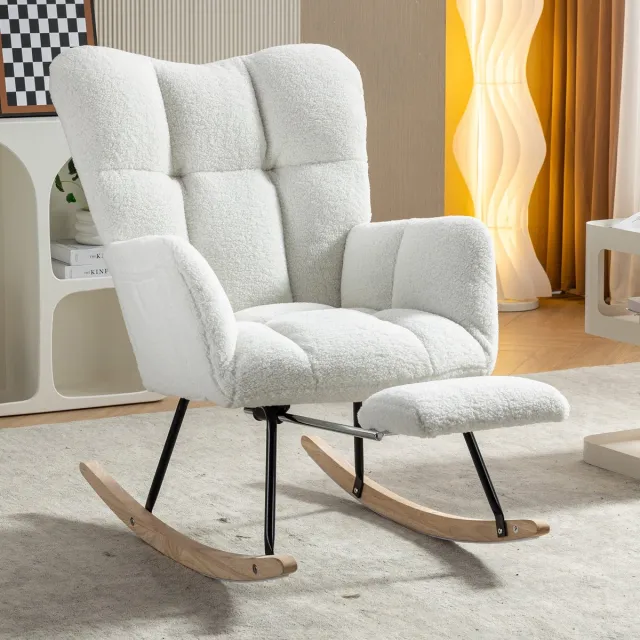 Merax Nouvelle Chaise Berçante Rembourrée En Tissu Teddy Tissée Avec Repose-Pieds Escamotable, Blanche wit