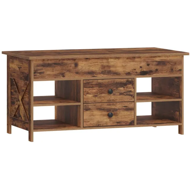 Happiq Salontafel – Voor Woonkamer – Verstelbare Hoogte, 2 Lades en Verborgen Opbergruimte – Vintage Bruin/Zwart Brown + Black