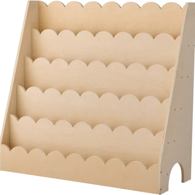 Duoku Montessori 5-Laags Kinderboekenplank met Golvende Randen, Boekenplank met Dubbele Haken, Babyboekenplank voor Peuters en Kleuters Natuurhoutkleur