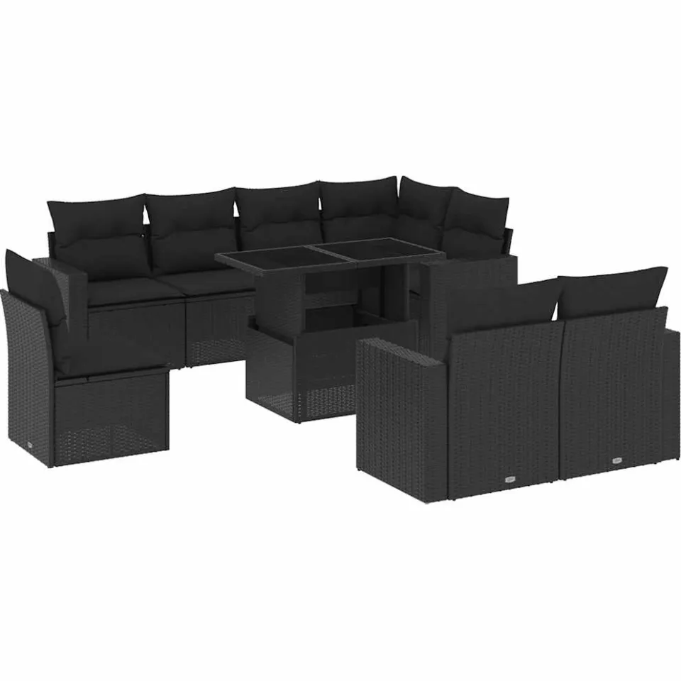 vidaXL 9-delige Loungeset met kussens poly rattan zwart