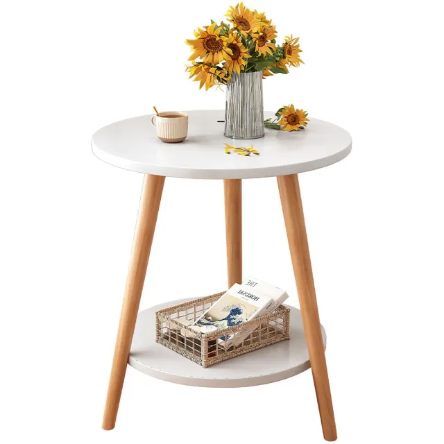 AIMASON Ronde Bijzettafel met 2 Lagen - Kleine Salontafel voor Woonkamer - Moderne Banktafel en Nachtkastje - Warm Wit 50×50×60CM
