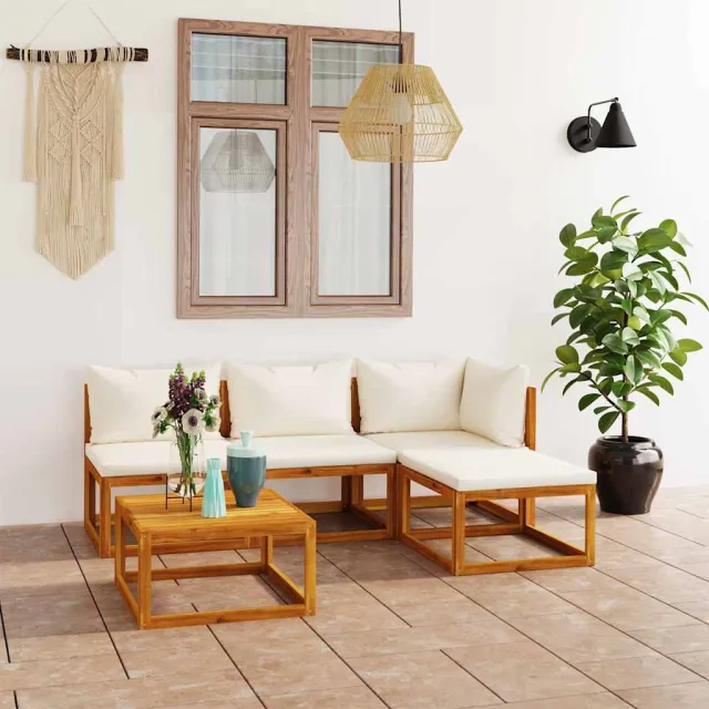 vidaXL 5-delige Loungeset met kussens massief acaciahout crème, foto 2