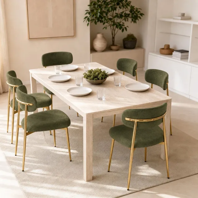 OKWISH Eetkamerstoel - Set Van 6 - Gebogen Rugleuning - Polyester - Groen En Goud