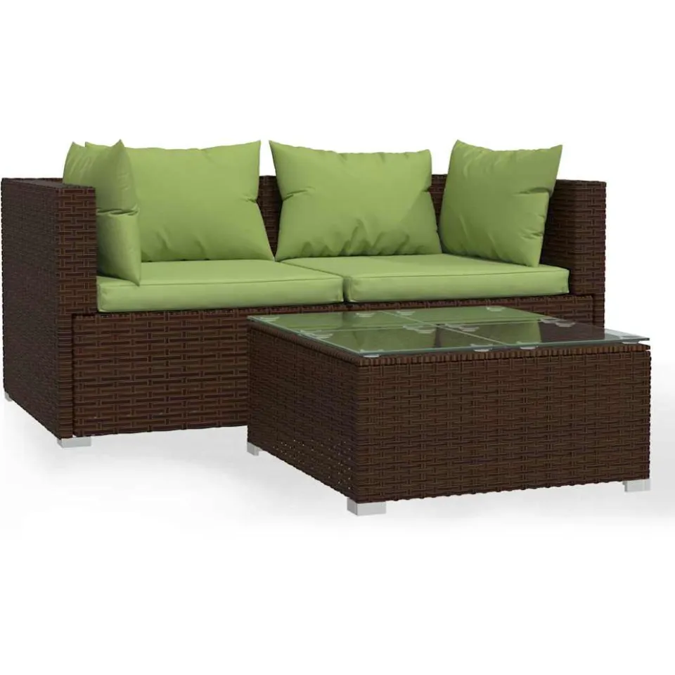 vidaXL 3-delige Loungeset met kussens poly rattan bruin, foto 3