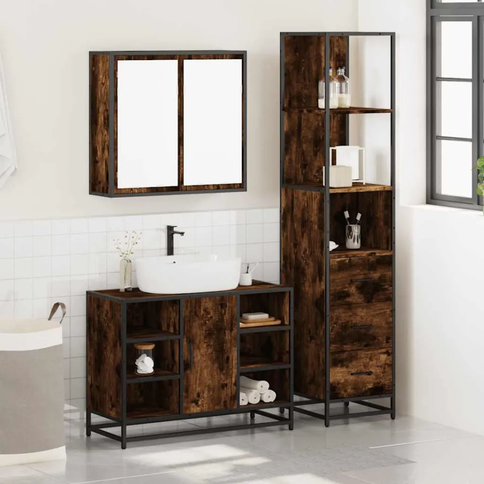vidaXL 3-delige Badkamermeubelset bewerkt hout gerookt eikenkleurig, foto 2