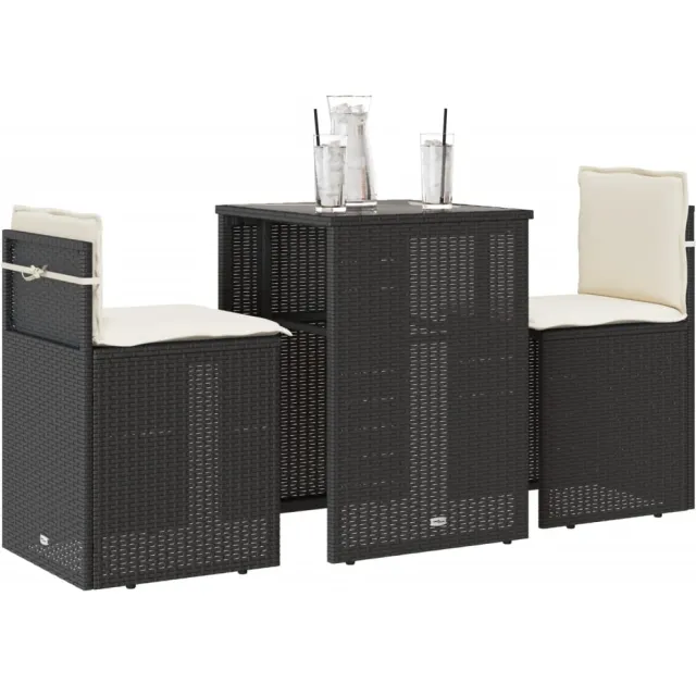 vidaXL 3-delige Bistroset met kussens poly rattan zwart