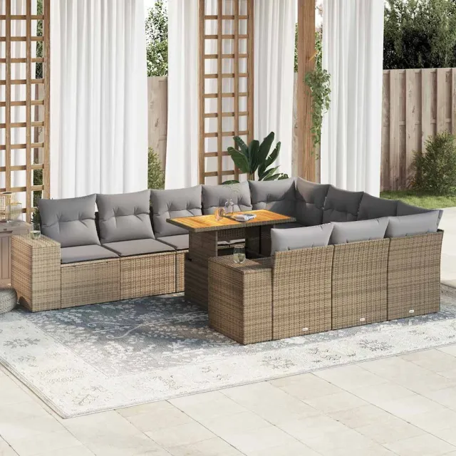vidaXL 10-delige Loungeset met kussens poly rattan acacia beige, foto 2