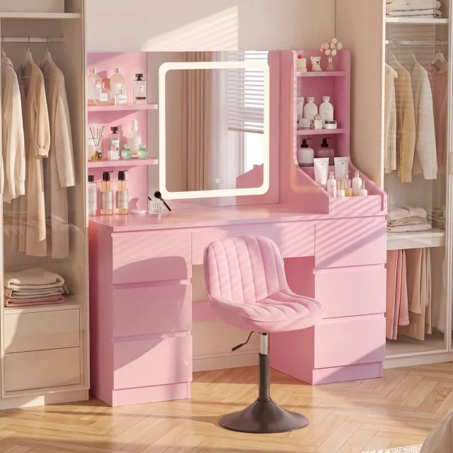Devoko Kaptafel 108 x 40 x 139 cm met LED Spiegel en Fluwelen Stoel - 7 Lades, Zijvakken en 3 Lichtkleuren - Roze Roze-13