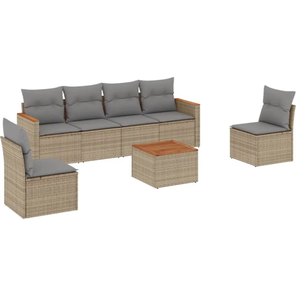 vidaXL 7-delige Loungeset met kussens poly rattan beige, foto 3