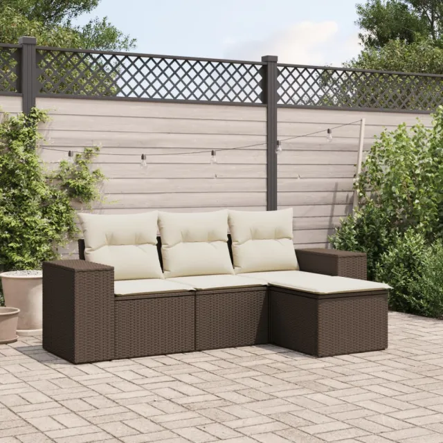 vidaXL 4-delige Loungeset met kussens poly rattan bruin, foto 2