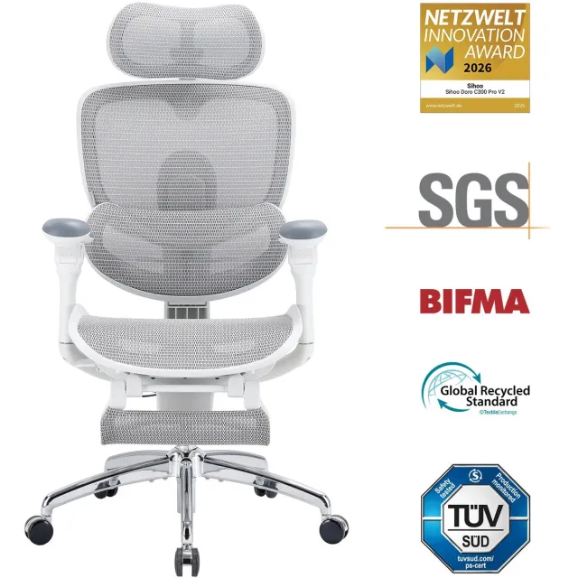 Sihoo Doro C300 Pro V2 JT - Ergonomische Bureaustoel met Full-Body Support Systeem, Zelfaanpassende Lendensteun 2.0, 3D Superwide Hoofdsteun, 8D Bionische Armleuningen, Verstelbare Zitdiepte (43-47 cm) en 135° Kantelmechanisme-Geschikt tot 150kg Wit Pro V2 JT Wit