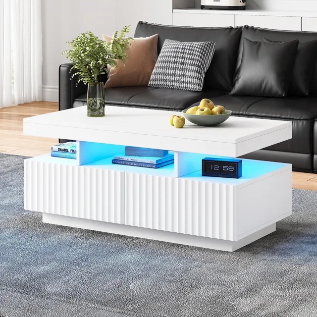 KOMHTOM BLACKCOLORS Salontafel 100 x 50 x 45 cm met twee lades, vacuümgevormde salontafel met verticale strepen, salontafel, salontafel met LED-lichtstrip, wit
