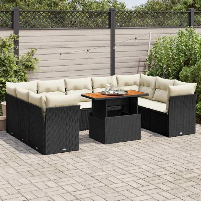 vidaXL 10-delige Loungeset met kussens poly rattan zwart, foto 2