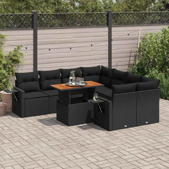 vidaXL 9-delige Loungeset met kussens poly rattan zwart, foto 2