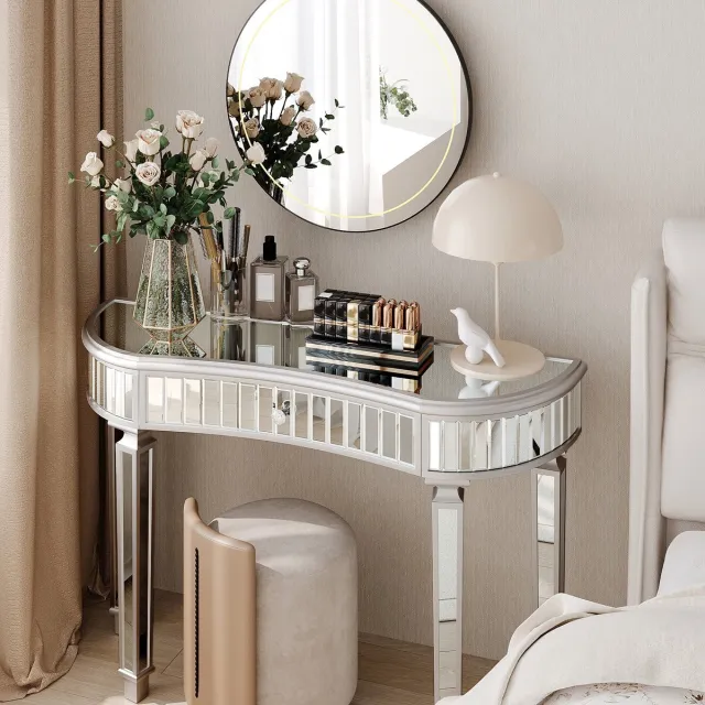 MIVRAY Consoletafel - Halfrond Met Spiegelglas En Lade - Voor Hal En Slaapkamer - MDF En Glas - 120x38x78 Cm - Grijs Zilver
