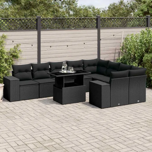 vidaXL 10-delige Loungeset met kussens poly rattan zwart, foto 2