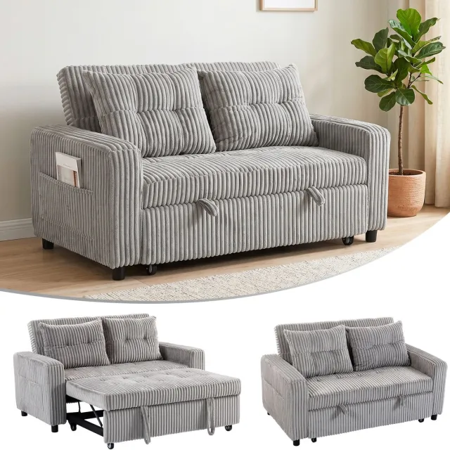 ECTEATOY Slaapbank met ribstof - uitschuifbaar 3-in-1 - verstelbare rugleuning - 2 kussens - zijvakken - lichtgrijs - 157 x 90 x 91 cm
