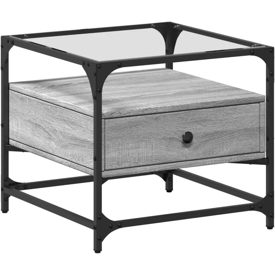 vidaXL Salontafel met glazen blad 50x50x45 cm staal grijs, foto 3