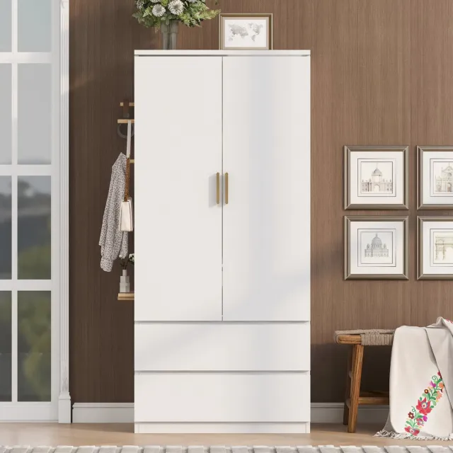 OKWISH Kledingkast - 2 Laden En Hanggedeelte - Verborgen Opbergvakken Met Perforatiepaneel - MDF En Multiplex Wit - 70 x 50 x 170 cm