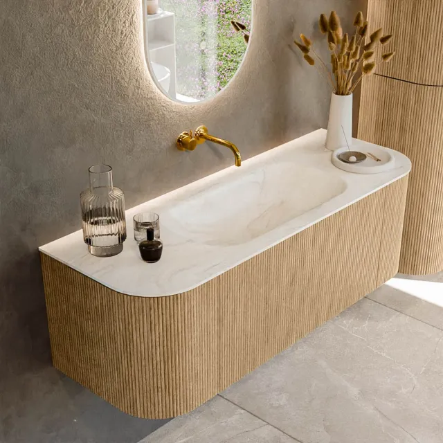 Mondiaz KURVE-DLUX 130 cm Onderkast Greeploos 1 Lade Met Deuren Oak, Wastafel Solid Surface Midden Ostra 0 Kraangaten Zonder Spiegel (KRVBGS130L+R1L2D0KM-Oak/Ost)