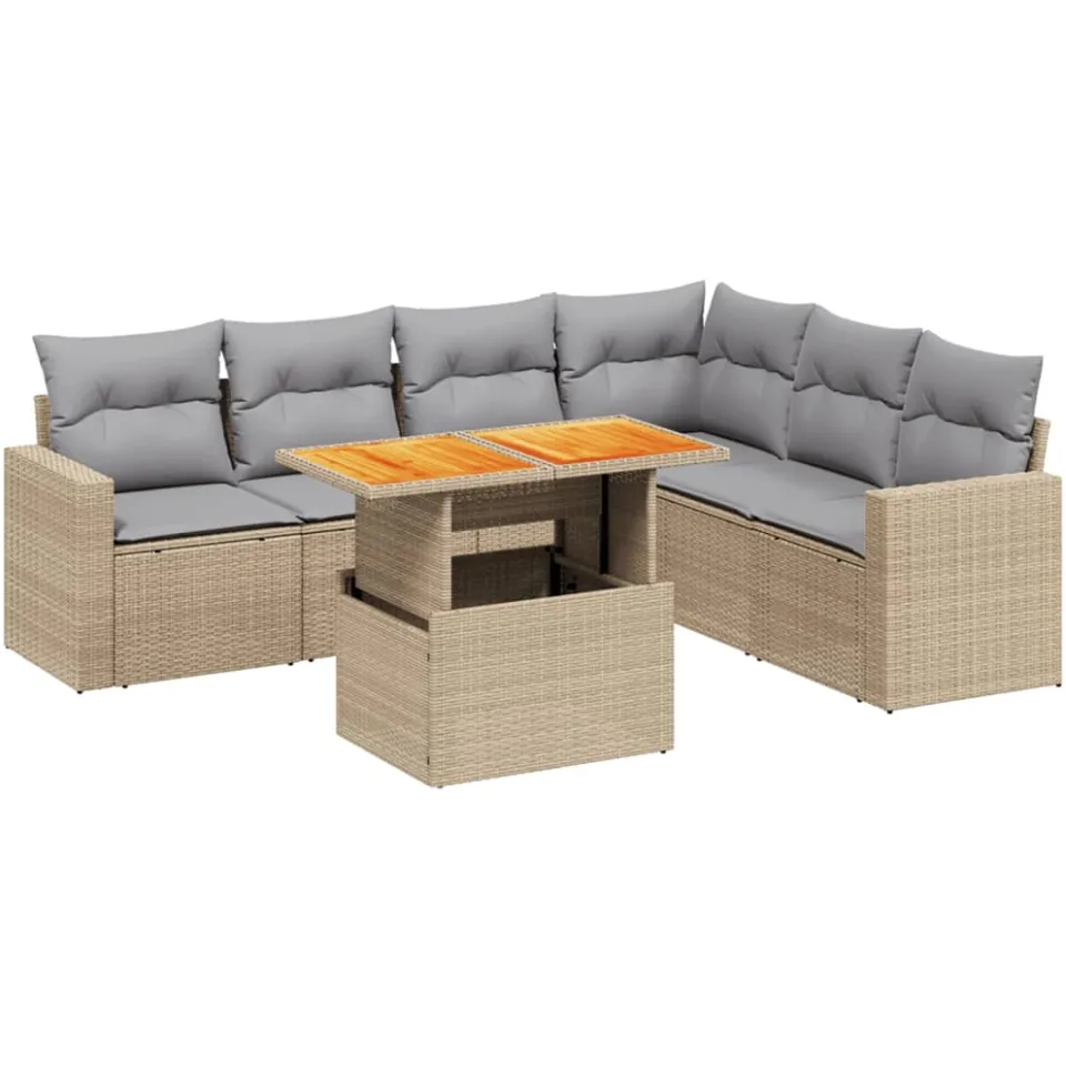 vidaXL 7-delige Loungeset met kussens poly rattan beige, foto 3