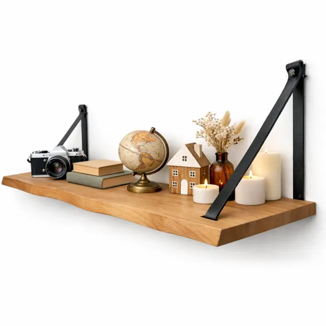 Industrial Living Wandplank 80x18 cm - Massief Beukenhout met Leer - Zwevende Boekenplank met Lederen Lussen - Zwevend Industrieel Muurplank van Beuken Hout - Rustiek Plank voor Muur met Leren Riemen