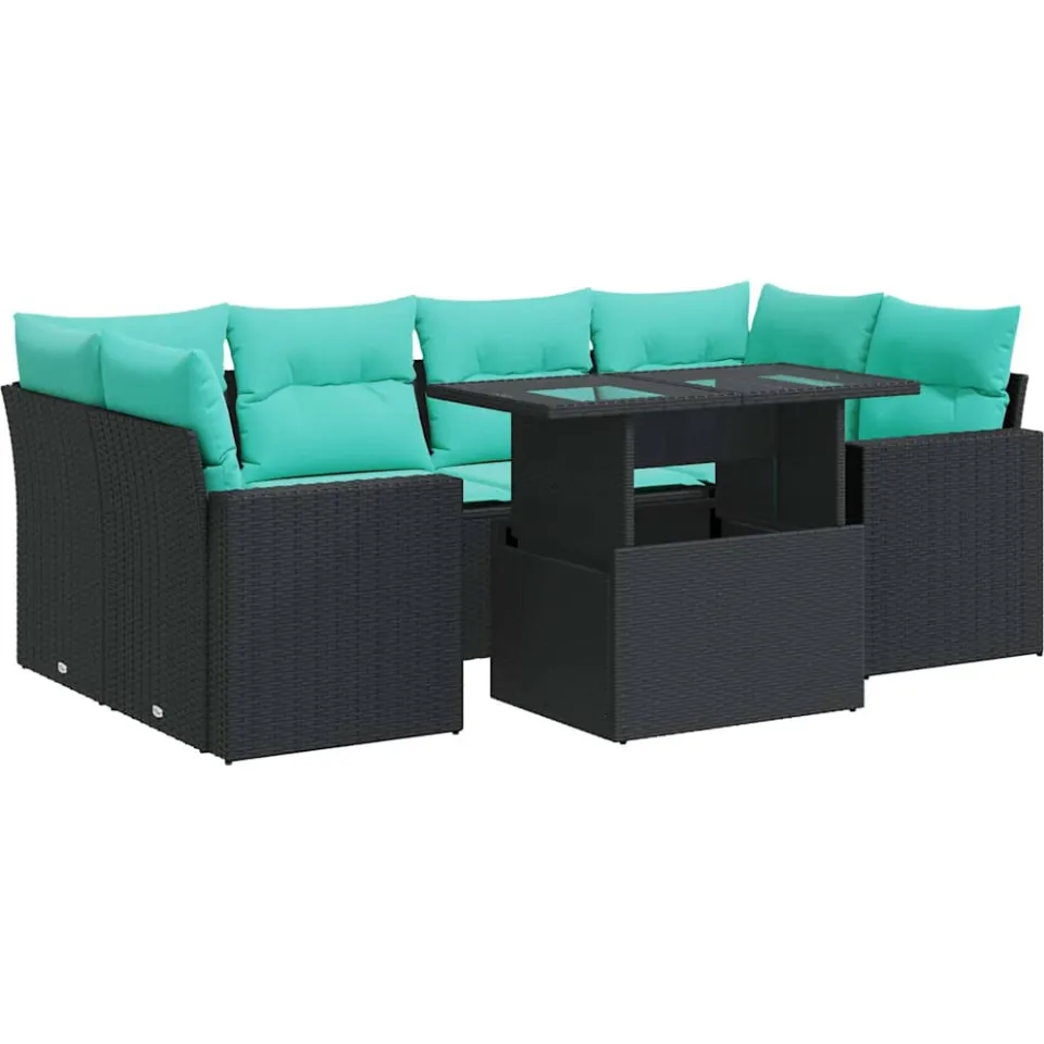vidaXL 7-delige Loungeset met kussens poly rattan acacia zwart, foto 3