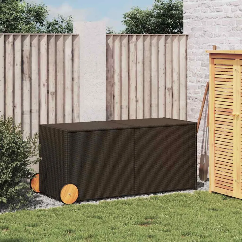 vidaXL Tuinbox met wielen 283 L poly rattan bruin, foto 3