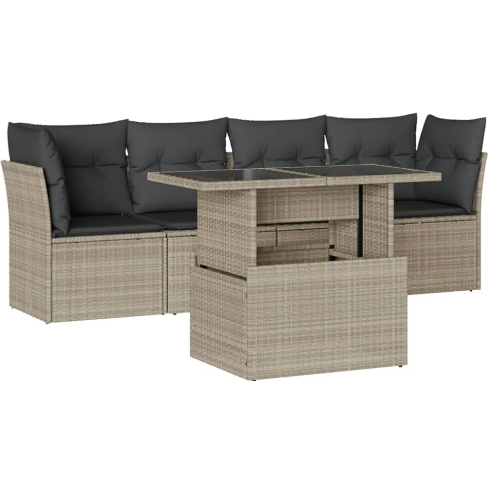 vidaXL 5-delige Loungeset met kussens poly rattan lichtgrijs grijs, foto 3