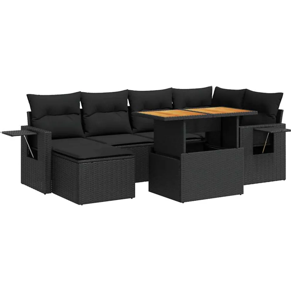 vidaXL 7-delige Loungeset met kussens poly rattan zwart, foto 3