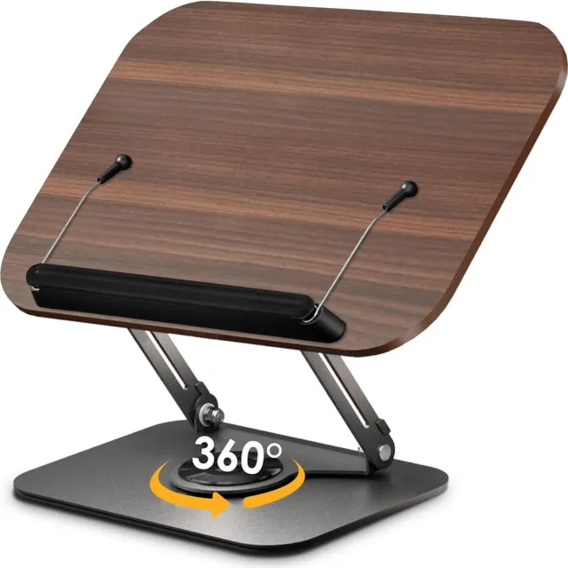 QTTVBTNA Verstelbare houten boekstandaard – 360° draaibaar & inklapbaar kookboekhouder met pagina-clip, retro leesstandaard voor boeken, tijdschriften, tablet & laptop Houtkleur