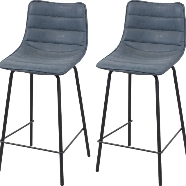 Urban Living "BROOKLYN" - Set van 2 barkrukken in denimblauw kunstleer met zwart metalen frame - 44 x 47 x H.95 cm Denimblauw en mat zwart