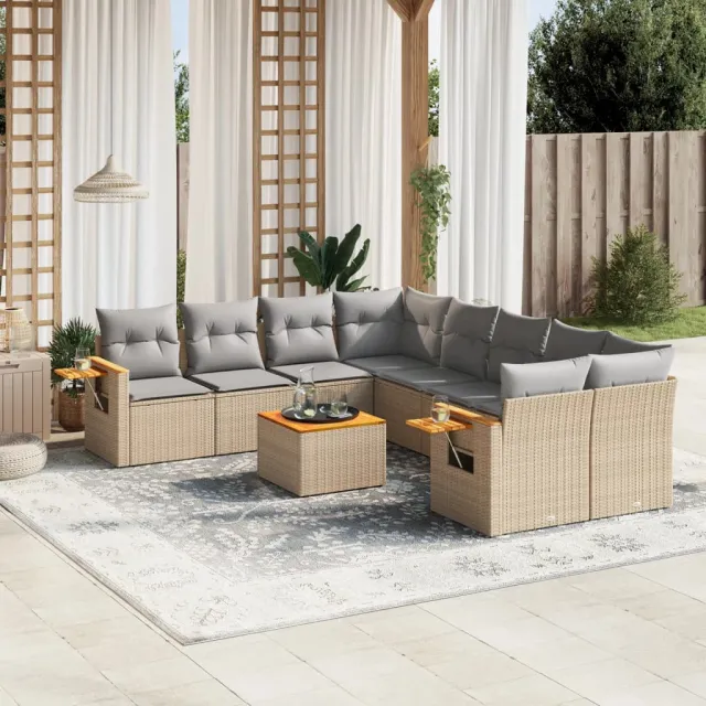 vidaXL 9-delige Loungeset met kussens poly rattan beige, foto 2