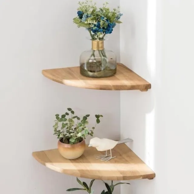 PromoHome Hoekplanken Set van 2 - Massief Houten Wandplanken met Ronde Vorm Bruin