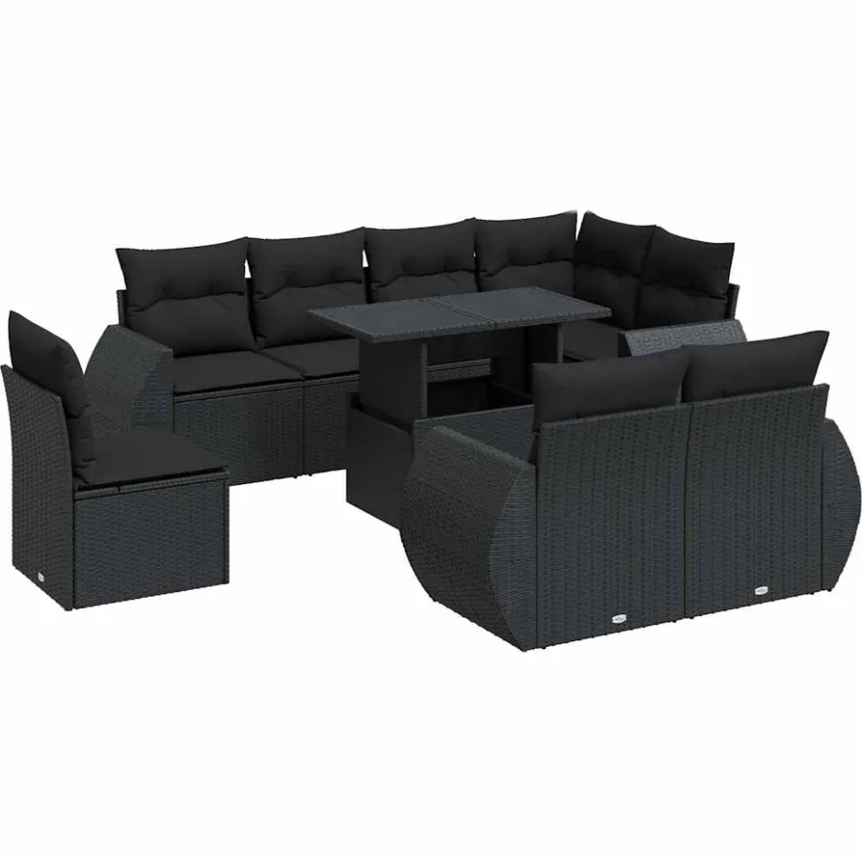vidaXL 9-delige Loungeset met kussens poly rattan zwart, foto 3