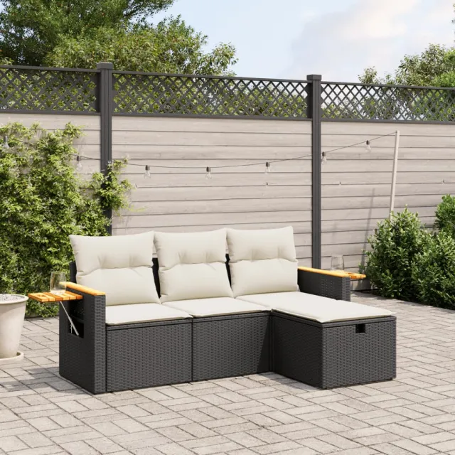 vidaXL 4-delige Loungeset met kussens poly rattan zwart, foto 2