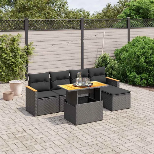 vidaXL 6-delige Loungeset met kussens poly rattan zwart, foto 2