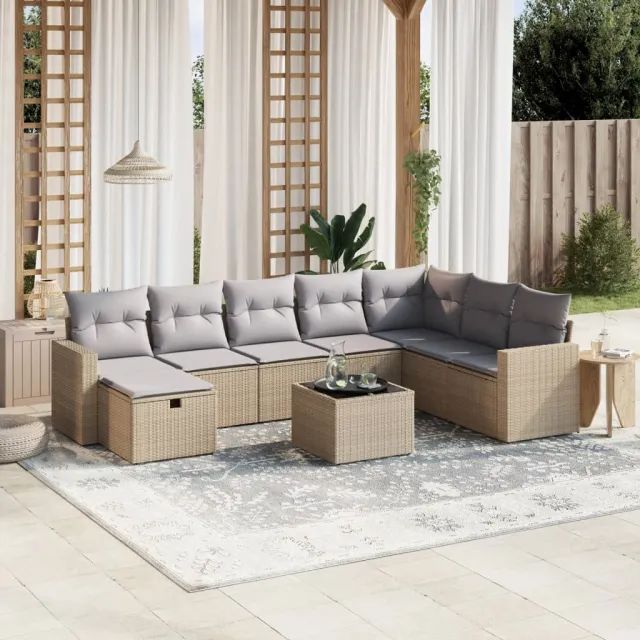 vidaXL 9-delige Loungeset met kussens poly rattan gemengd beige, foto 2