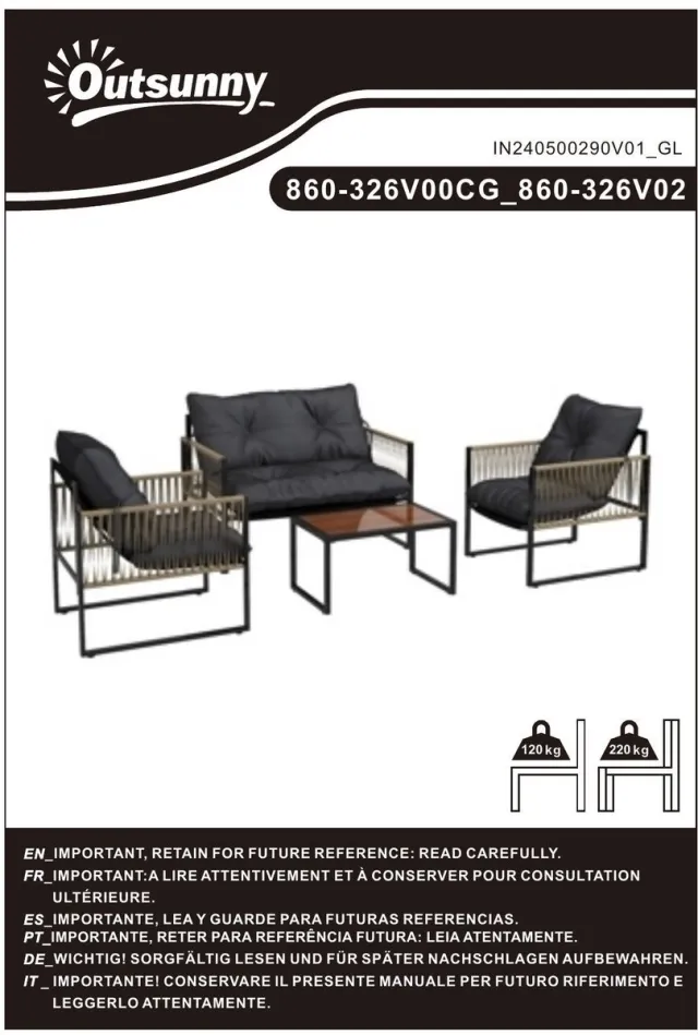 YYchan loungeset voor buiten - 2 personen - met kussens - grijs - 106 x 70 x 72 cm